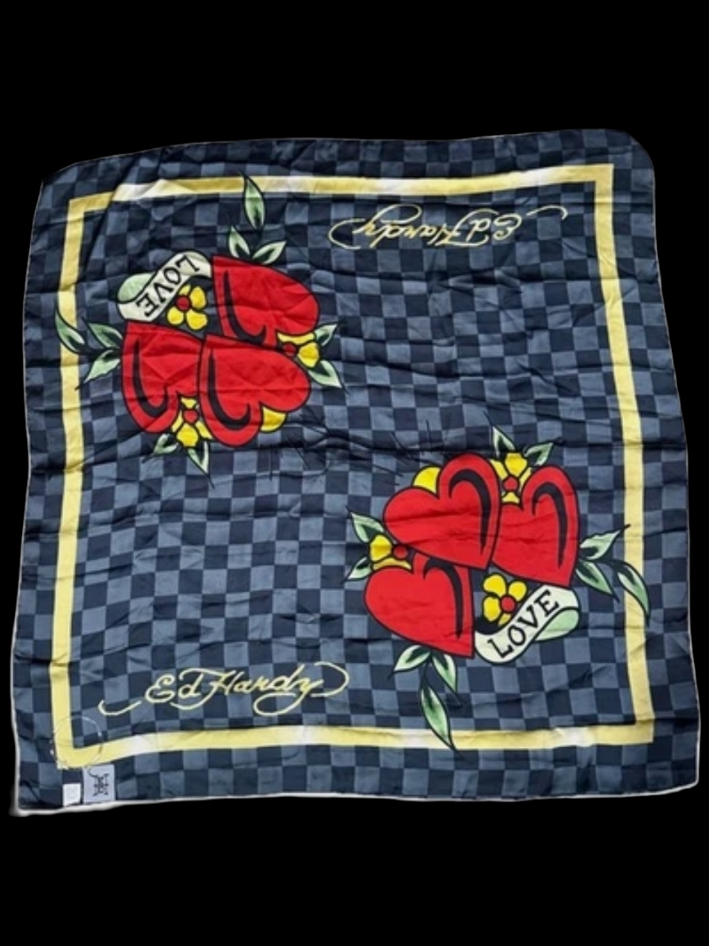 Ed Hardy Red Heart Love Silk Scarf - Navy Check